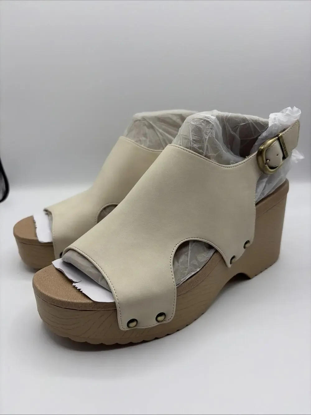 Dr. Scholls Women Wrenlee Wedge Platform Block Heel Sandal White Beige Sz 8 New